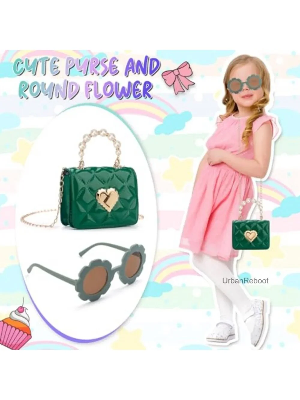 Toddler Girls Heart Lock Purse Beaded Handle Faux Leather with Glasses